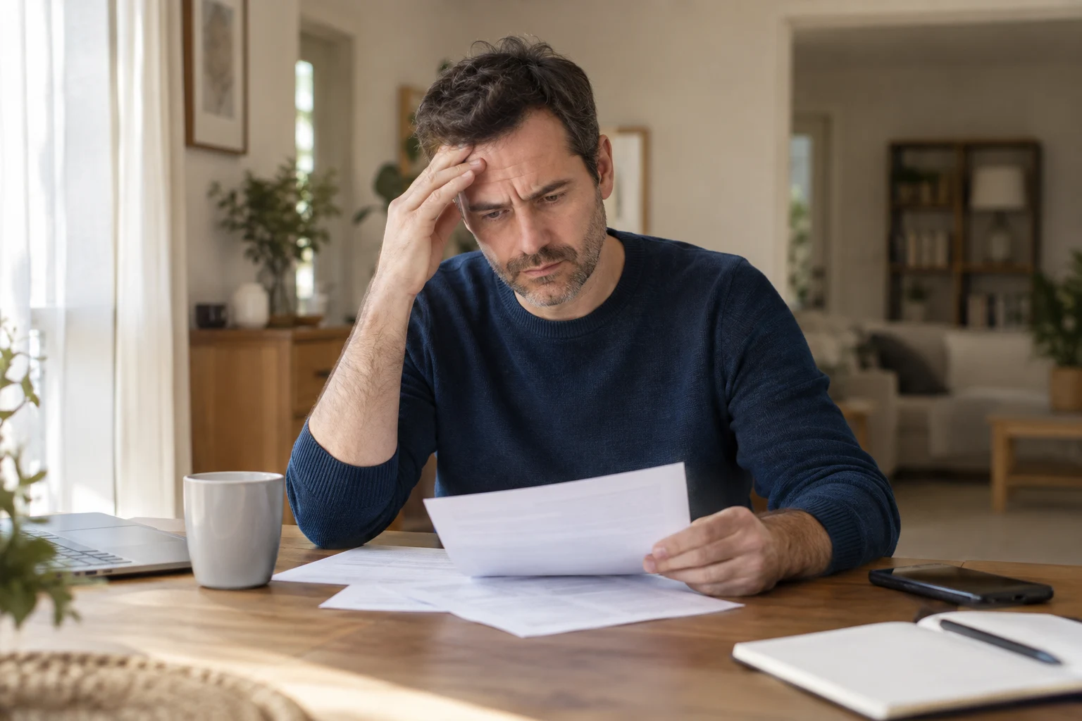 Un uomo di circa 40 anni pensieroso mentre legge alcuni documenti